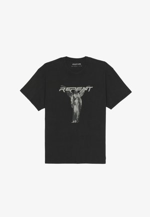 Camiseta de algodón negra de mangas cortas, con un gráfico frontal de una estatua y la palabra "REPENT" en letras gruesas de color gris.