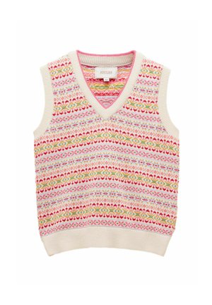 Wool vest with a V-neck, featuring a light cream base with colorful patterns in pink, green, and yellow; sleeveless design.