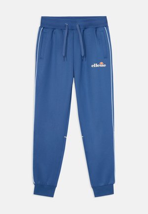 Calças de treino azuis com um cós elástico, cordão, bolsos laterais e riscas brancas; apresenta o logótipo na frente.