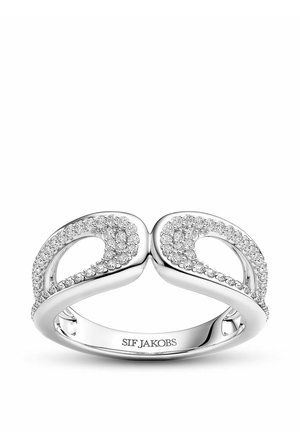 Sølv ring med åben dobbelt løkke design, besat med små klare sten, graveret med mærkenavnet SIF JAKOBS indeni båndet.
