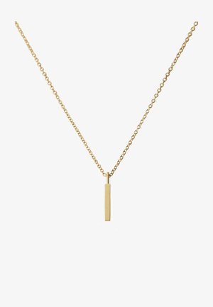 Collier en or avec un pendentif rectangulaire vertical sur une chaîne délicate, présentant une texture lisse et un design minimaliste.