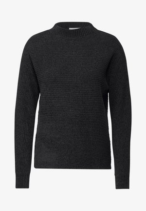 Czarny sweter prążkowany z wysokim kołnierzem i długimi rękawami. Materiał ma teksturowany wzór i luźny krój.