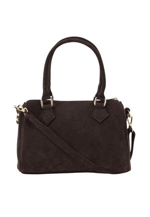 Sac à main en daim marron foncé avec double poignées, bandoulière détachable et ferrures dorées sur fond blanc.