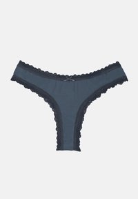 Navy kant-afgewerkte string met bloemmotief en strikaccent aan de voorkant. Gladde stof en golvende randen geven het een delicate uitstraling.