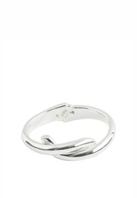 Silver-toned metal ring with a smooth, twisted design. Features a polished finish and a subtle clasp for secure wear.