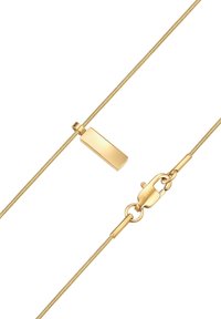 Zelta ķēdīte ar gludu taisnstūra piekariņu un teksturētu, elastīgu dizainu. Ar austeres tipa sprādzi.