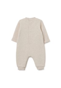 Beige Babykombination mit langen Ärmeln aus weichem Stoff. Verfügt über Druckknöpfe auf der Rückseite und gerippte Bündchen an den Beinen und Ärmeln.