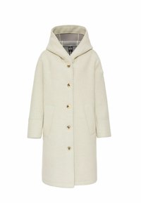 Cappotto con cappuccio beige chiaro realizzato in materiale morbido, caratterizzato da bottoni frontali, tasche laterali e una silhouette rilassata con un design minimale.