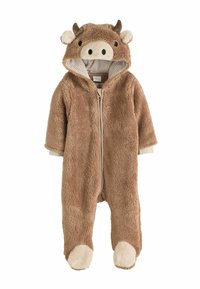 Brauner Fleece-Overall mit einem Kuhdesign, ausgestattet mit einer Kapuze mit Ohren und Hörnern, einem Frontreißverschluss und weichen, cremefarbenen Akzenten an den Bündchen und Füßen.