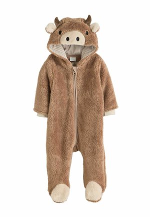 Brauner Fleece-Overall mit einem Kuhdesign, ausgestattet mit einer Kapuze mit Ohren und Hörnern, einem Frontreißverschluss und weichen, cremefarbenen Akzenten an den Bündchen und Füßen.