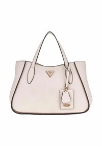 Borsa a tote in pelle rosa chiaro con motivi a logo embossati, bordo nero e hardware dorato. Presenta due manici e un'etichetta rimovibile.