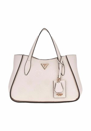 Borsa a tote in pelle rosa chiaro con motivi a logo embossati, bordo nero e hardware dorato. Presenta due manici e un'etichetta rimovibile.