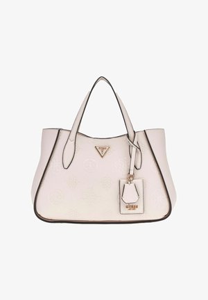 Borsa a tote in pelle rosa chiaro con motivi a logo embossati, bordo nero e hardware dorato. Presenta due manici e un'etichetta rimovibile.