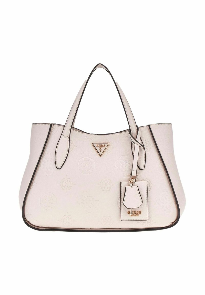 Borsa a tote in pelle rosa chiaro con motivi a logo embossati, bordo nero e hardware dorato. Presenta due manici e un'etichetta rimovibile.