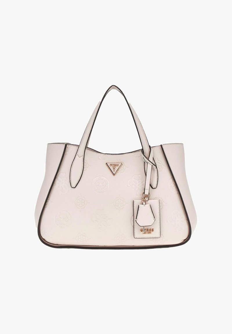 Borsa a tote in pelle rosa chiaro con motivi a logo embossati, bordo nero e hardware dorato. Presenta due manici e un'etichetta rimovibile.