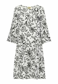 Czarny kwiatowy wzór na białej, lekkiej sukience z rękawami do łokci i warstwowym, falbanistym dołem. Okrągły dekolt.