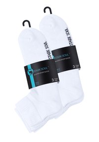 Weiße Sportviertelsocken im Dreierpack. Mit gerippten Bündchen, glatter Textur und bedrucktem "STARK SOUL"-Logo an der Seite.