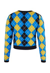 Sweter dziany o skróconym fasonie, z niebiesko-żółto-czarnym wzorem argyle, długimi rękawami i czarnym ściągaczem u dołu.
