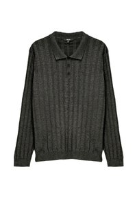 Ciemnoszara, długosleeve'owa polo sweter z wypukłą teksturą, zapi�ęciem na trzy guziki oraz bocznymi rozcięciami u dołu. Miękka tkanina.