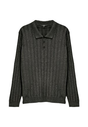 Mørkegrå langærmet polo-sweater med ribbet tekstur, tre-knaps placket og sideåbninger i bunden. Blødt stof.