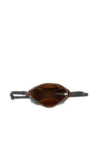 Schwarze Lederhandtasche mit Reißverschluss, ausgestattet mit einem braunen Stofffutter, mehreren Fächern und einem abnehmbaren Tragegurt.