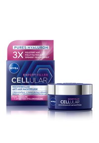 NIVEA CELLULAR Expert Filler, dark blue jar with silver lid, packaged in a purple box. Text highlights "pure hyaluron" and anti-aging benefits.