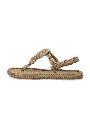Rope sandals with a flat sole in a tan color, featuring intertwined straps and a knotted design for added detail.