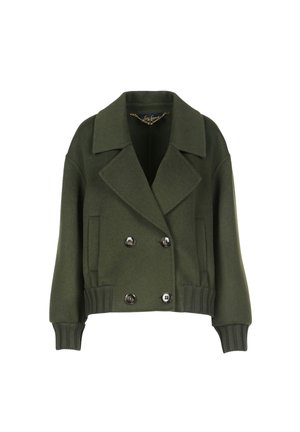 Olive green cropped jacket in wool blend, featuring a double-breasted front, large buttons, wide lapels, and ribbed cuffs and hem.