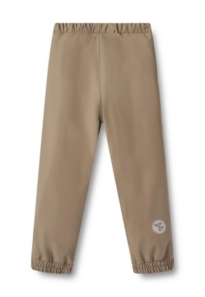 Pantalones beige con cinturilla elástica y puños fruncidos, con un logo circular blanco en la parte inferior de la pierna. Tela suave y ligera.