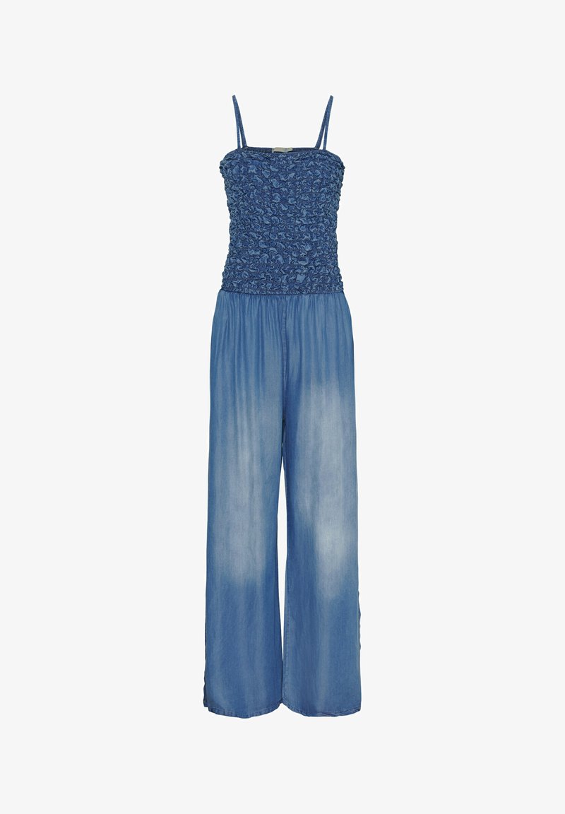 Blå denim jumpsuit med smock-bodice, tynde stropper og brede bukser. Har en gradient-effekt og blødt, tekstureret stof.