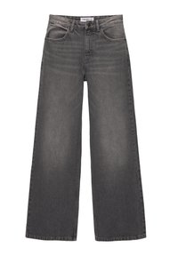 Jean gris taille haute à jambes larges avec bouton et fermeture éclair à l'avant, deux poches avant et passants pour ceinture.