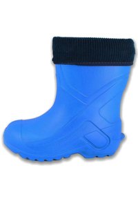 Botte en caoutchouc bleue avec une surface texturée, dotée d'un bord noir à nervures en haut et d'une semelle robuste à motif pour une meilleure adhérence.