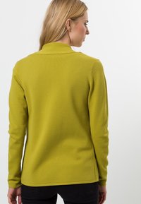 Langärmliger Pullover aus strukturiertem, leuchtend limettgrünem Stoff mit Kragen und geradem Schnitt. Rückansicht zeigt Nahtdetails.