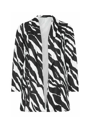 Blazer ouvert à l'avant à rayures zèbre noires et blanches, manches longues et col cranté, présenté sur fond blanc.