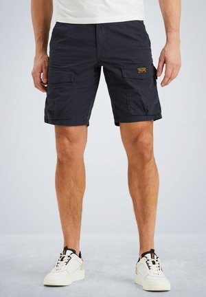Men's navy cargo shorts made from lightweight fabric with two large side pockets and a stitched label. Features rolled hem and relaxed fit.