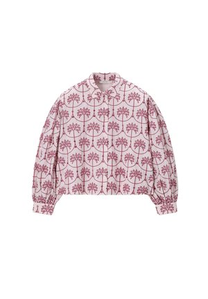 Blouse met lange mouwen, knoopsluiting en kraag, witte stof met herhaald rood palmboompatroon en geplooide manchetten.