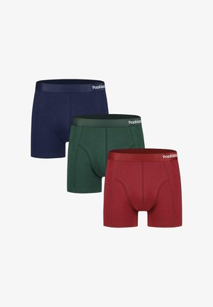 Kolm paari bokserid tumesinisest, rohelisest ja maroonist. Igaüks neist on tihedalt istuv, pehmest puuvillast materjalist ja elastse logoäärisega.