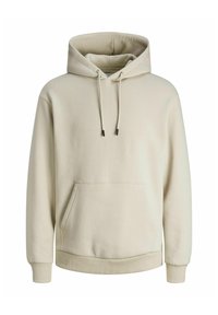 Beige Kapuzenpullover mit Kordelzug, Fronttasche, gerippten Bündchen und Saum. Hergestellt aus weichem, strukturiertem Material für zusätzlichen Komfort.