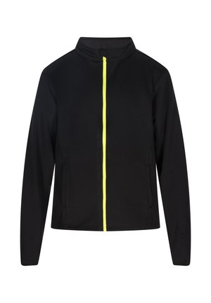 Black jacket with a high collar, featuring a full-length neon yellow zipper and side pockets. Made from a smooth, stretchy material.