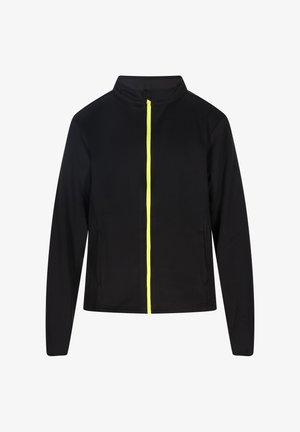 Schwarze Jacke mit hohem Kragen, ausgestattet mit einem durchgehenden neon-gelben Reißverschluss und Seitentaschen. Hergestellt aus einem glatten, dehnbaren Material.