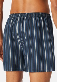 Costumi da bagno blu navy con righe verticali in azzurro chiaro e grigio. Presentano una vita elasticizzata e una vestibilità ampia. Tessuto testurizzato.