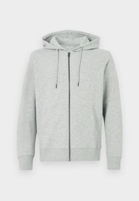 Sweat à capuche gris clair avec fermeture éclair intégrale, poches avant, capuche à cordon et poignets et ourlet côtelés, présenté sur un fond uni.