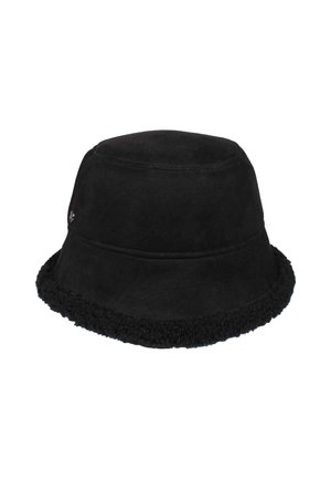 Gorra de cubo negra hecha de material suave con un borde negro esponjoso. Forma estructurada con una corona suave y un ala plana. Decorada con hardware sutil.