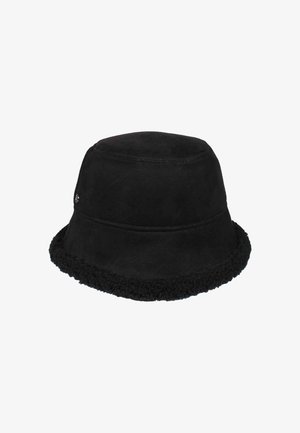Schwarzer Bucket-Hut aus weichem Material mit einem flauschigen schwarzen Rand. Strukturierte Form mit einer glatten Krone und einem flachen Schirm. Akzentuiert mit dezentem Zubehör.
