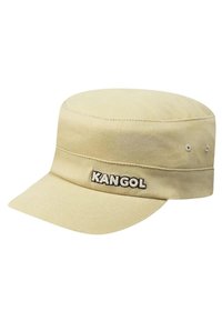 Beige Kangol-Cap aus Stoff mit einer strukturierten, runden Krone und einem kurzen, steifen Schirm. Enthält ein gesticktes Logo auf der Vorderseite.