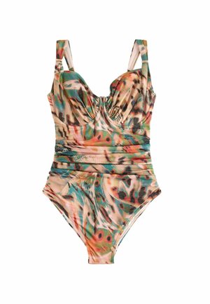 Multikleurige eenstukswimsuit met een geplooide boezem, verstelbare bandjes en een gladde, stretchstof met een bloemmotief.