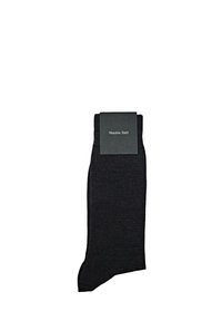 Schwarze Baumwollsocken mit geripptem Muster und glatter Oberfläche, versehen mit einem rechteckigen schwarzen Etikett mit "Massimo Dutti" in weißer Schrift.