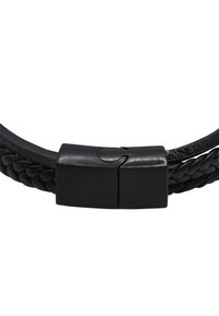 Bracciale in pelle intrecciata nera con fibbia rettangolare in metallo nero a finitura liscia, progettato per una chiusura sicura.