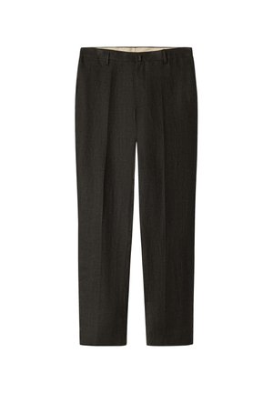 Dark gray trousers made of textured fabric, featuring a straight cut, creases down the front, and a waistband with belt loops.