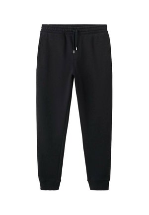 Zwarte sweatpants gemaakt van zachte stof, met een elastische tailleband met trekkoord, taps toelopende pijpen en geribbelde boorden. Geen zakken zichtbaar.